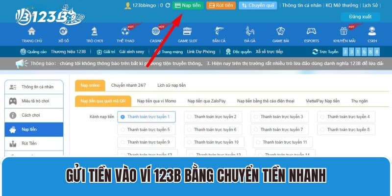 Gửi tiền vào ví 123B bằng chuyển tiền nhanh